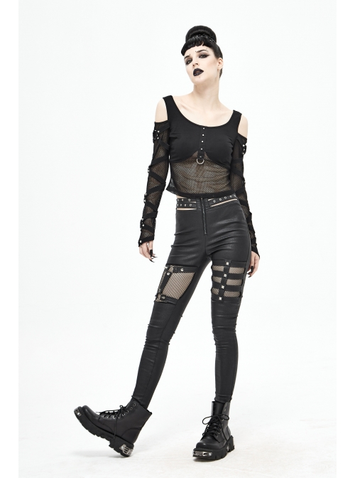 Metal Eyelets Belt Front Splice Mesh Metal Rivet Leg Loop Black Punk Legging