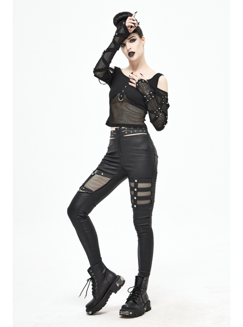 Metal Eyelets Belt Front Splice Mesh Metal Rivet Leg Loop Black Punk Legging