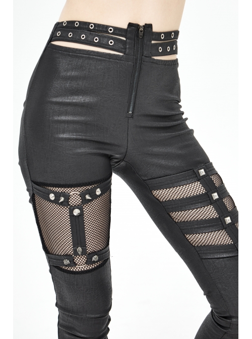 Metal Eyelets Belt Front Splice Mesh Metal Rivet Leg Loop Black Punk Legging