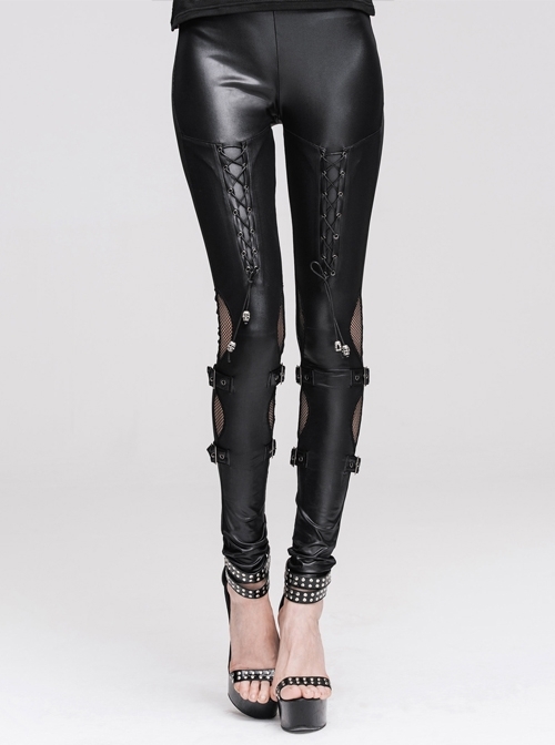Front Lace-Up Metal Skull Pendant Side Splice Mesh Black Punk Legging
