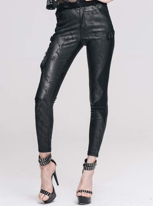 Side Pocket Black Punk Camouflage Floral Leather Legging