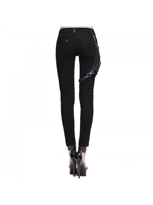 Women Metal Ring Decoration Leg Bag Black Punk Twill Pants