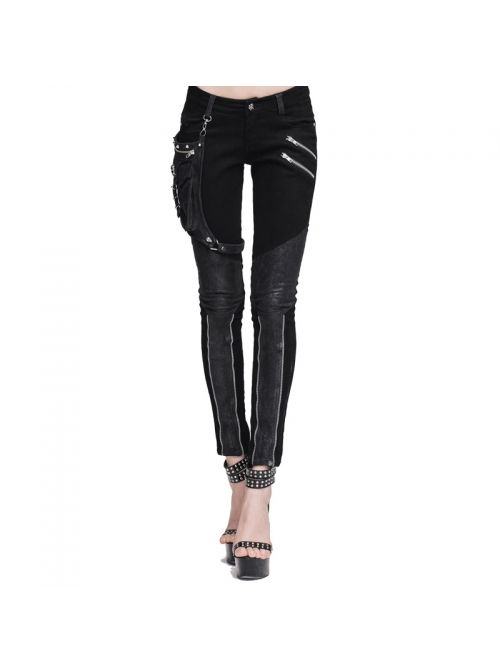 Women Metal Ring Decoration Leg Bag Black Punk Twill Pants