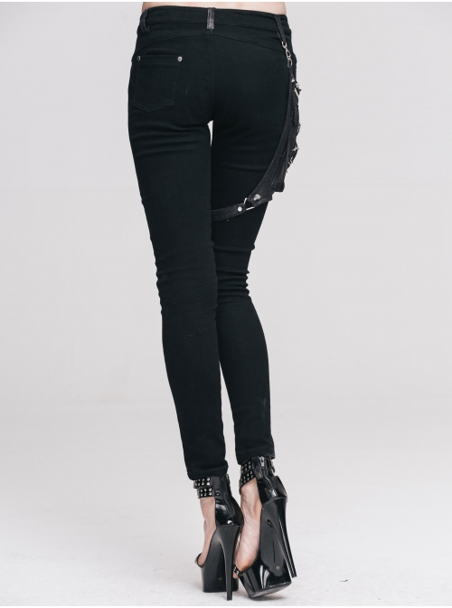Women Metal Ring Decoration Leg Bag Black Punk Twill Pants