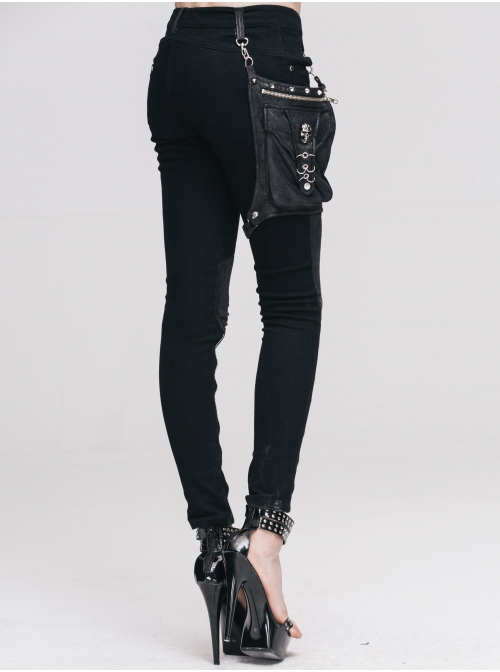 Women Metal Ring Decoration Leg Bag Black Punk Twill Pants