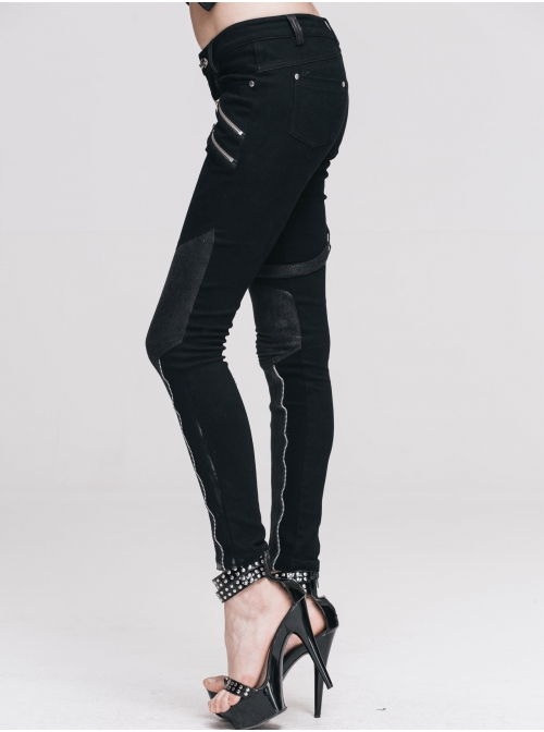 Women Metal Ring Decoration Leg Bag Black Punk Twill Pants