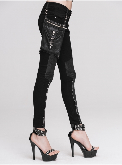 Women Metal Ring Decoration Leg Bag Black Punk Twill Pants