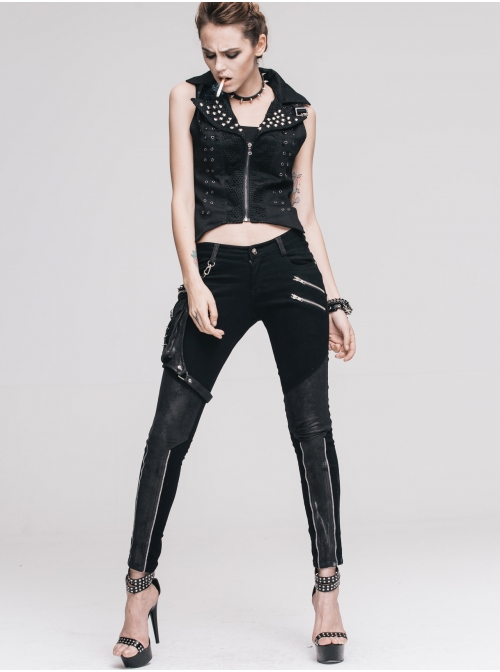 Women Metal Ring Decoration Leg Bag Black Punk Twill Pants
