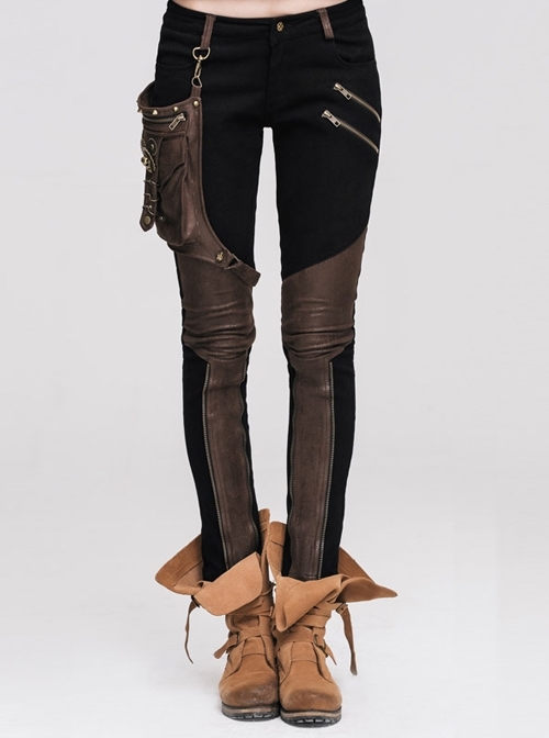Women Metal Ring Decoration Leg Bag Brown Punk Twill Pants