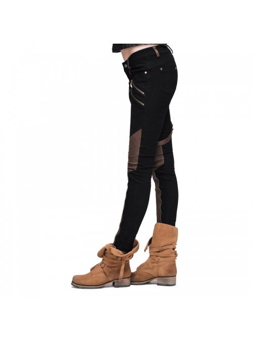 Women Metal Ring Decoration Leg Bag Brown Punk Twill Pants