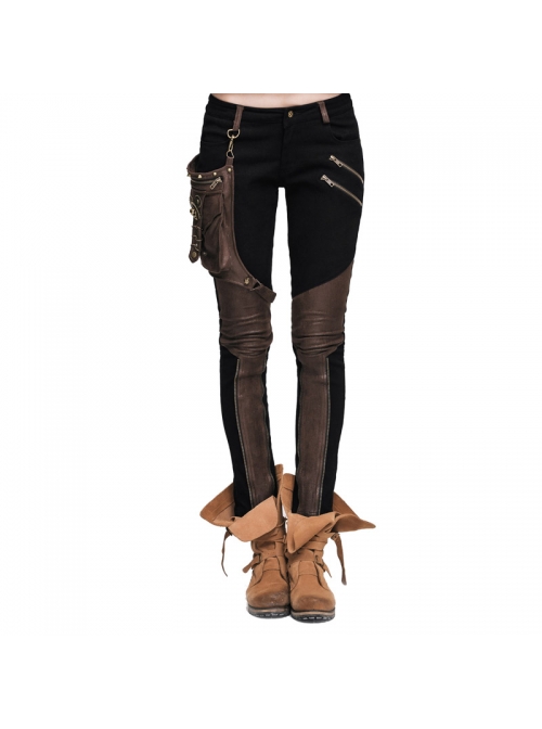 Women Metal Ring Decoration Leg Bag Brown Punk Twill Pants