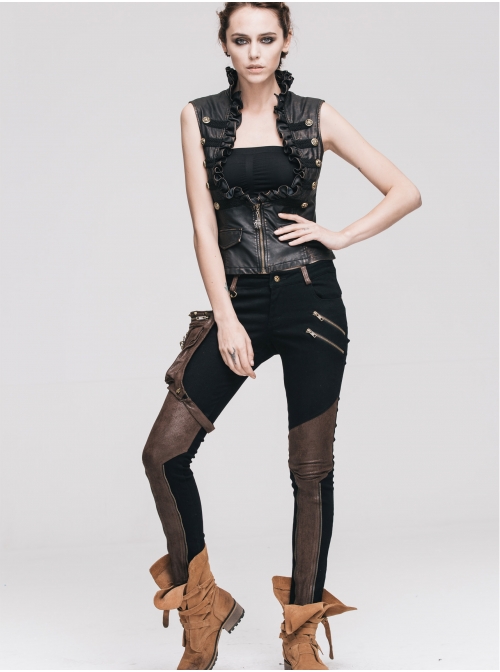 Women Metal Ring Decoration Leg Bag Brown Punk Twill Pants