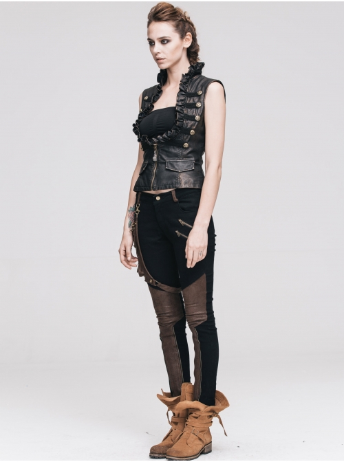 Women Metal Ring Decoration Leg Bag Brown Punk Twill Pants