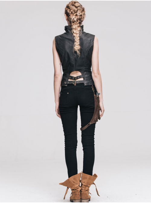 Women Metal Ring Decoration Leg Bag Brown Punk Twill Pants