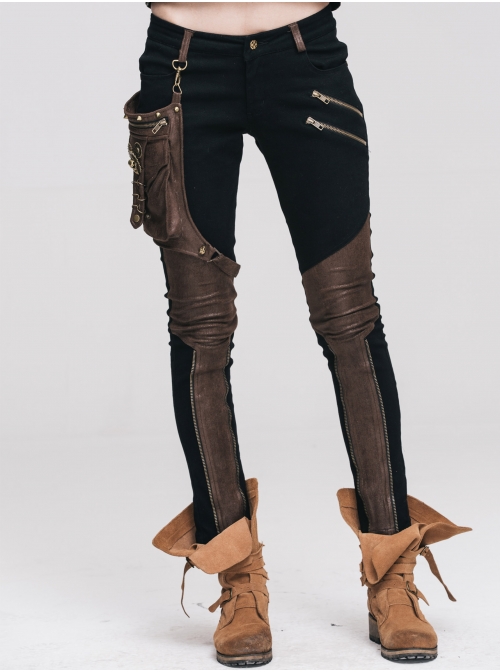 Women Metal Ring Decoration Leg Bag Brown Punk Twill Pants