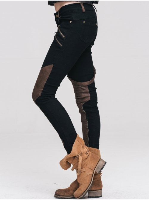 Women Metal Ring Decoration Leg Bag Brown Punk Twill Pants