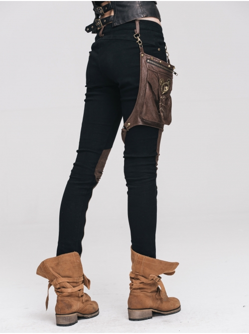 Women Metal Ring Decoration Leg Bag Brown Punk Twill Pants