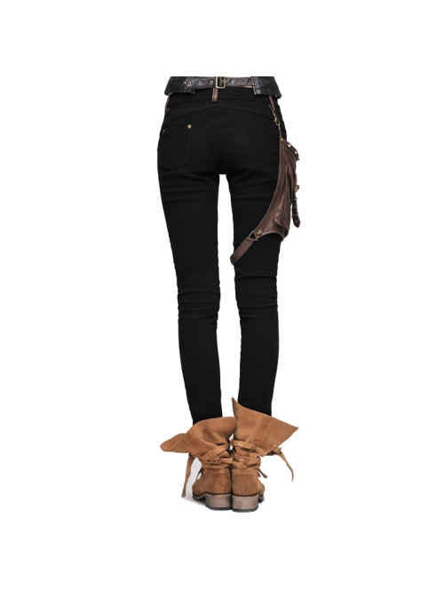 Women Metal Ring Decoration Leg Bag Brown Punk Twill Pants