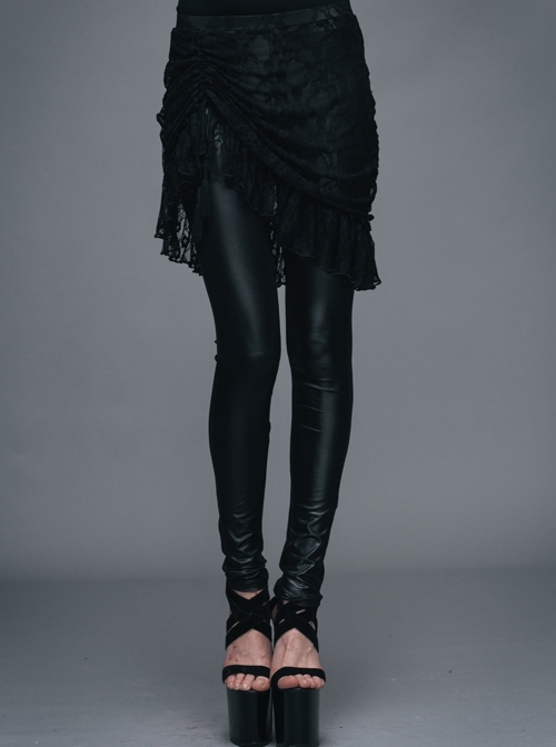 Rose Lace Mesh Outer Skirt Black Gothic Faux Leather Legging