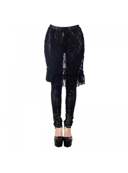 Rose Lace Mesh Outer Skirt Black Gothic Faux Leather Legging