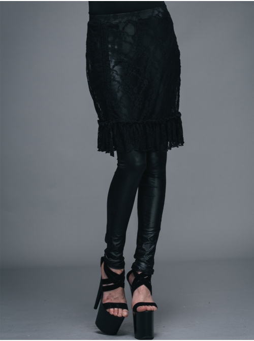 Rose Lace Mesh Outer Skirt Black Gothic Faux Leather Legging