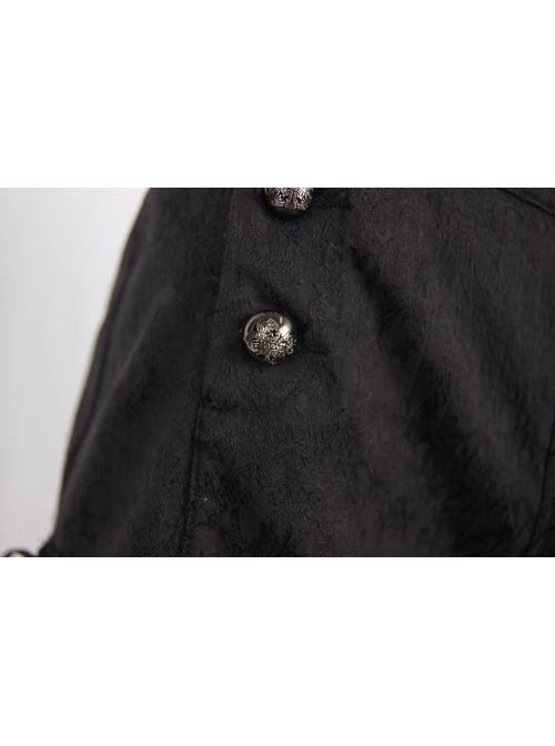 Front Double-Breasted Buttons Back Waist Lace-Up Frill Lace Hem Black Gothic Jacquard Short Pants