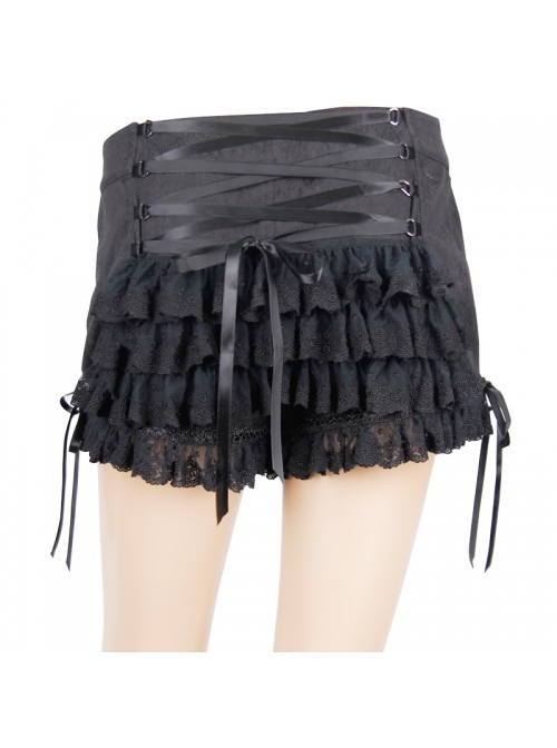 Front Double-Breasted Buttons Back Waist Lace-Up Frill Lace Hem Black Gothic Jacquard Short Pants