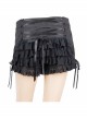 Front Double-Breasted Buttons Back Waist Lace-Up Frill Lace Hem Black Gothic Jacquard Short Pants