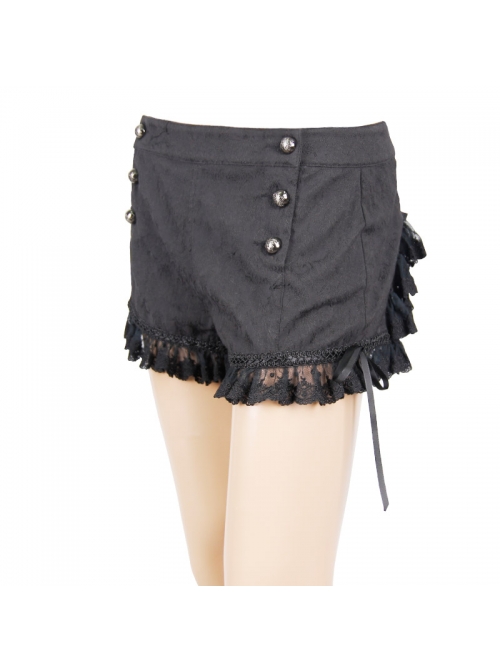 Front Double-Breasted Buttons Back Waist Lace-Up Frill Lace Hem Black Gothic Jacquard Short Pants