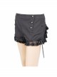 Front Double-Breasted Buttons Back Waist Lace-Up Frill Lace Hem Black Gothic Jacquard Short Pants