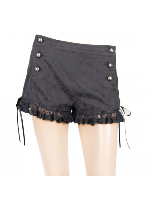 Front Double-Breasted Buttons Back Waist Lace-Up Frill Lace Hem Black Gothic Jacquard Short Pants