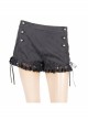 Front Double-Breasted Buttons Back Waist Lace-Up Frill Lace Hem Black Gothic Jacquard Short Pants
