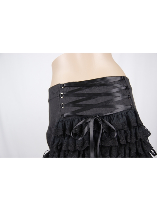 Front Double-Breasted Buttons Back Waist Lace-Up Frill Lace Hem Black Gothic Jacquard Short Pants