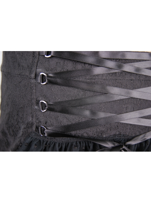 Front Double-Breasted Buttons Back Waist Lace-Up Frill Lace Hem Black Gothic Jacquard Short Pants