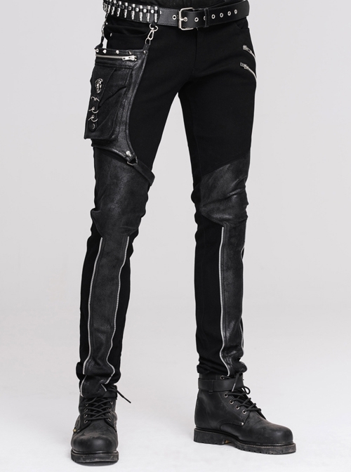 Men Metal Ring Decoration Leg Bag Black Punk Twill Pants