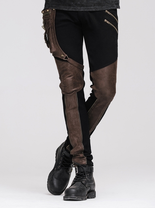 Men Metal Ring Decoration Leg Bag Brown Punk Twill Pants