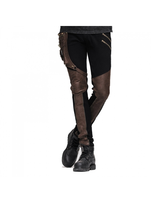 Men Metal Ring Decoration Leg Bag Brown Punk Twill Pants