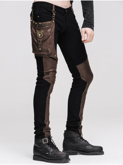 Men Metal Ring Decoration Leg Bag Brown Punk Twill Pants