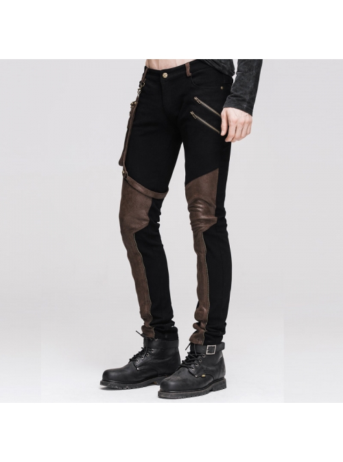 Men Metal Ring Decoration Leg Bag Brown Punk Twill Pants