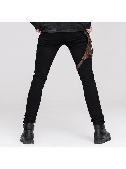 Men Metal Ring Decoration Leg Bag Brown Punk Twill Pants
