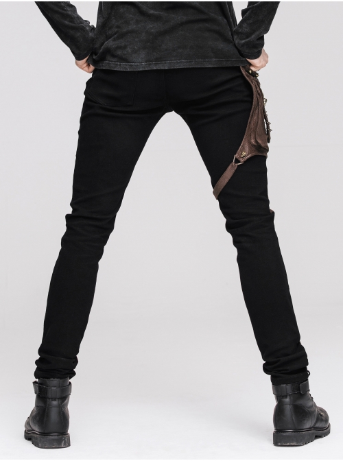 Men Metal Ring Decoration Leg Bag Brown Punk Twill Pants