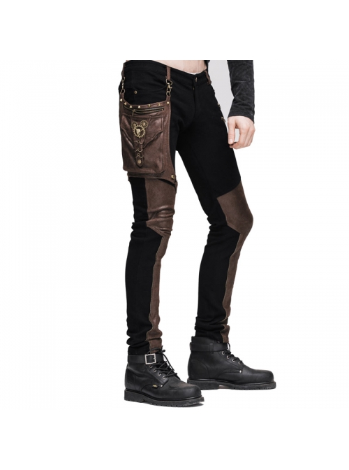 Men Metal Ring Decoration Leg Bag Brown Punk Twill Pants