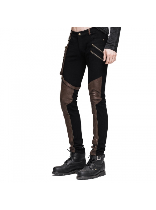 Men Metal Ring Decoration Leg Bag Brown Punk Twill Pants