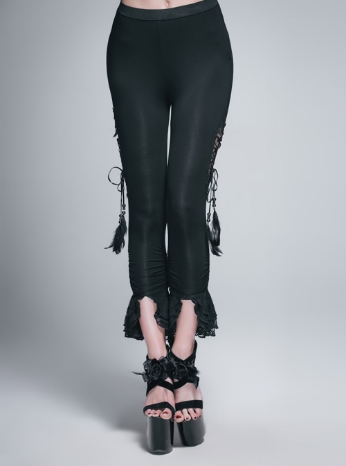 Side Hollow-Out Lace-Up Slit Lace Hem Black Gothic Legging