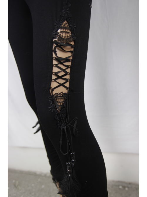 Side Hollow-Out Lace-Up Slit Lace Hem Black Gothic Legging