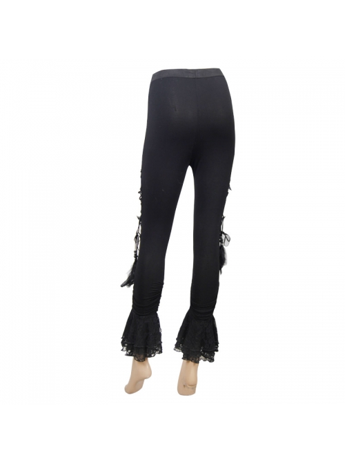 Side Hollow-Out Lace-Up Slit Lace Hem Black Gothic Legging