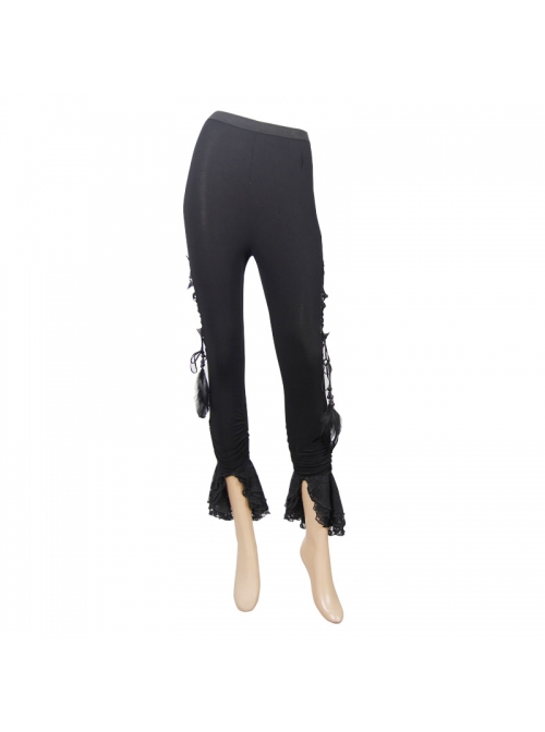 Side Hollow-Out Lace-Up Slit Lace Hem Black Gothic Legging
