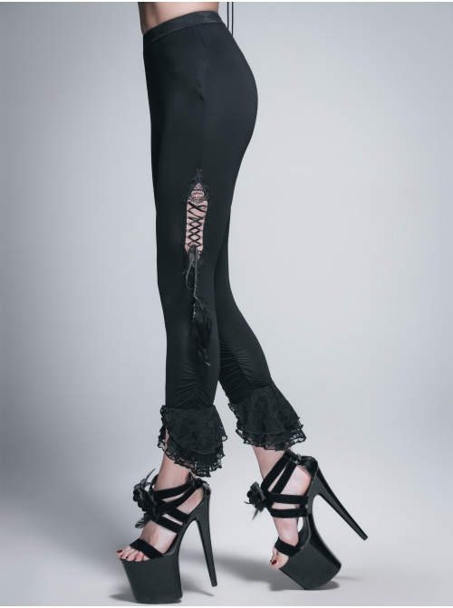 Side Hollow-Out Lace-Up Slit Lace Hem Black Gothic Legging