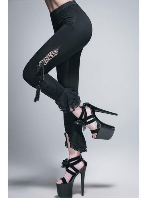 Side Hollow-Out Lace-Up Slit Lace Hem Black Gothic Legging