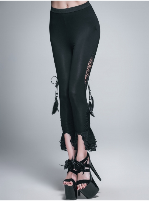 Side Hollow-Out Lace-Up Slit Lace Hem Black Gothic Legging